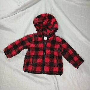 Wonder Nation Fleece Bear Hoodie Jacket Full Zip Plaid Pockets Infant Baby 6-9M